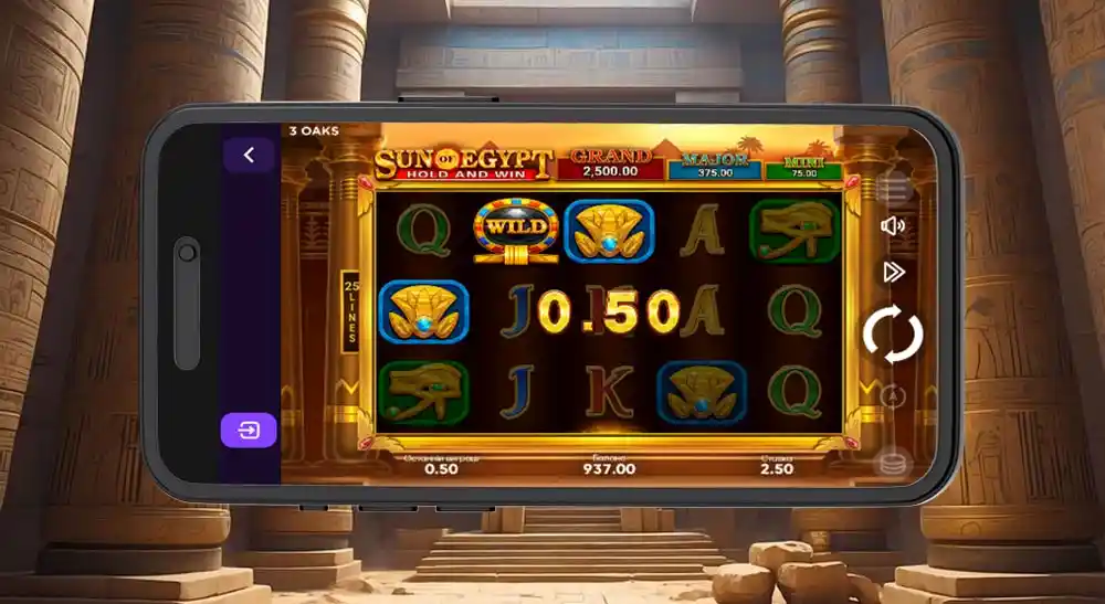 Sun of Egypt: Демонстраційний ігровий процес на мобільному пристрої Ігровий автомат Sun of Egypt, запущений на мобільному телефоні в єгипетській тематиці